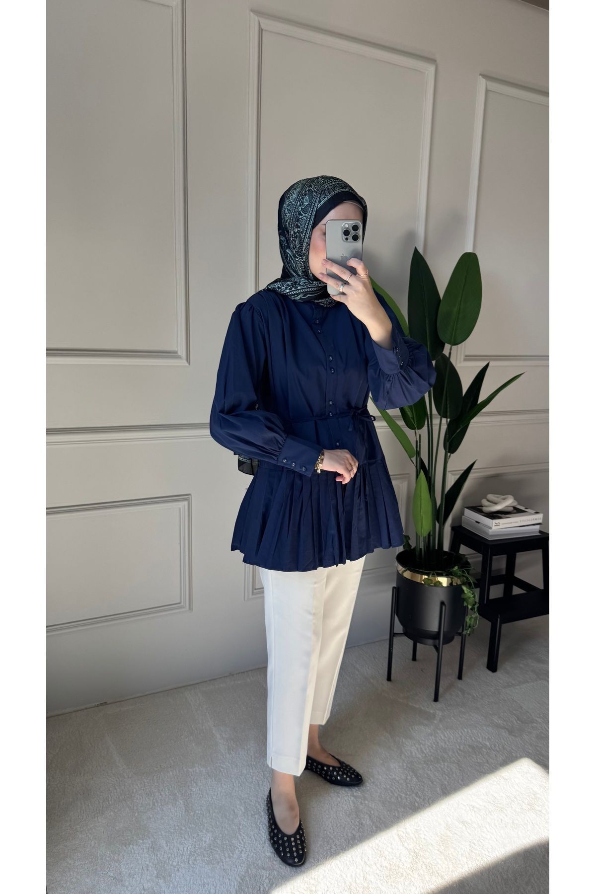 Pilise Detaylı Poplin Gömlek - Lacivert