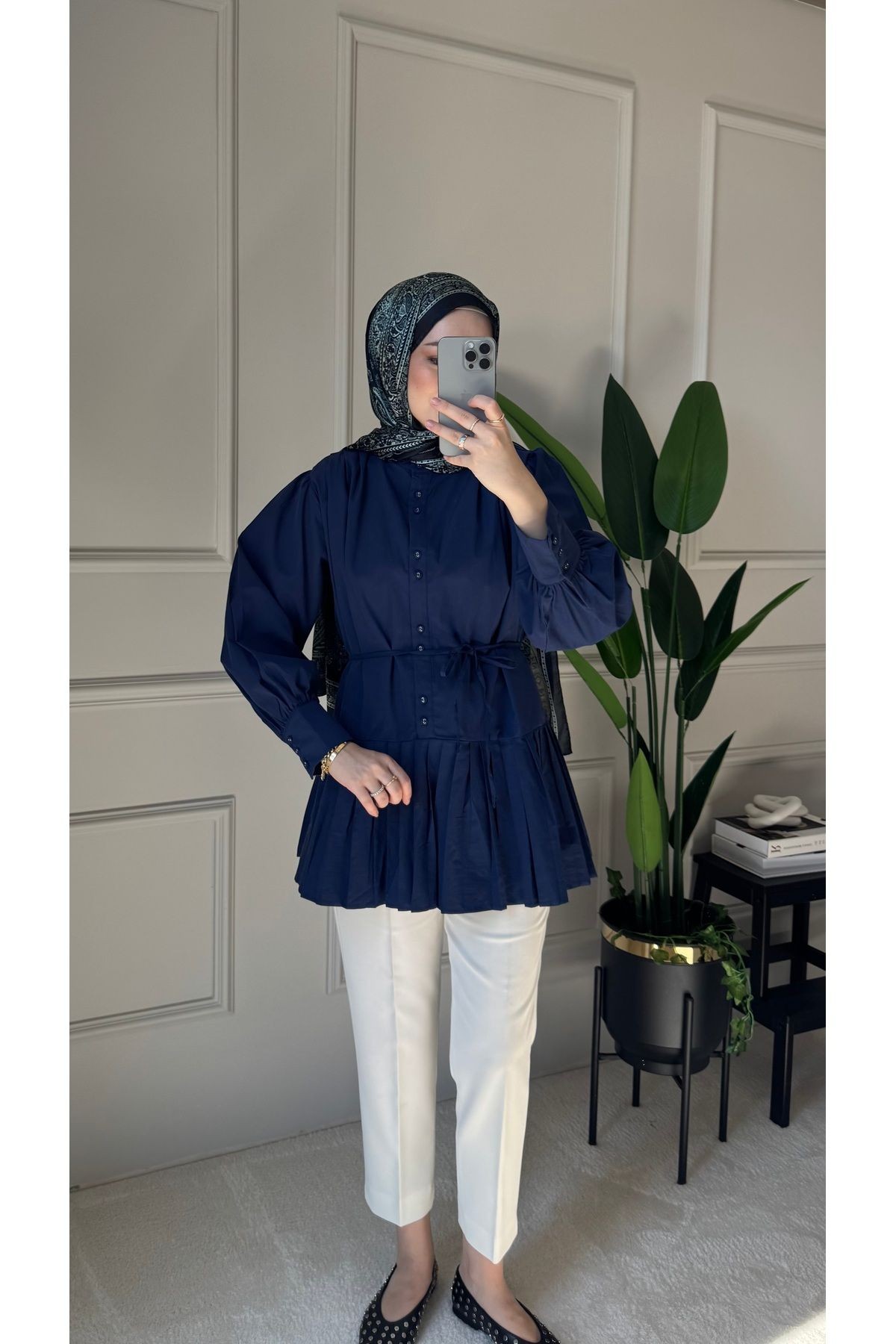 Pilise Detaylı Poplin Gömlek - Lacivert