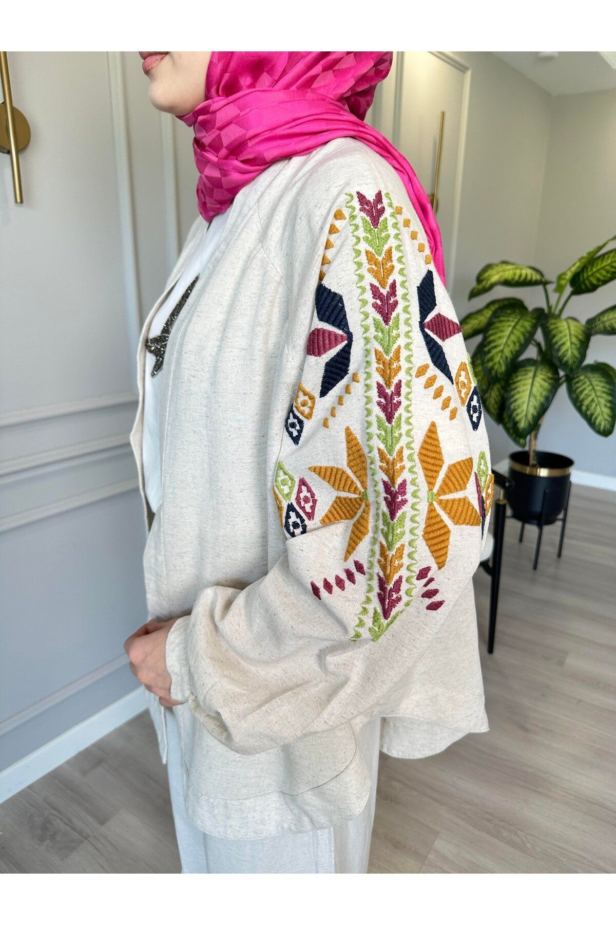 Keten Nakış İşlemeli Kimono - turuncu desenli