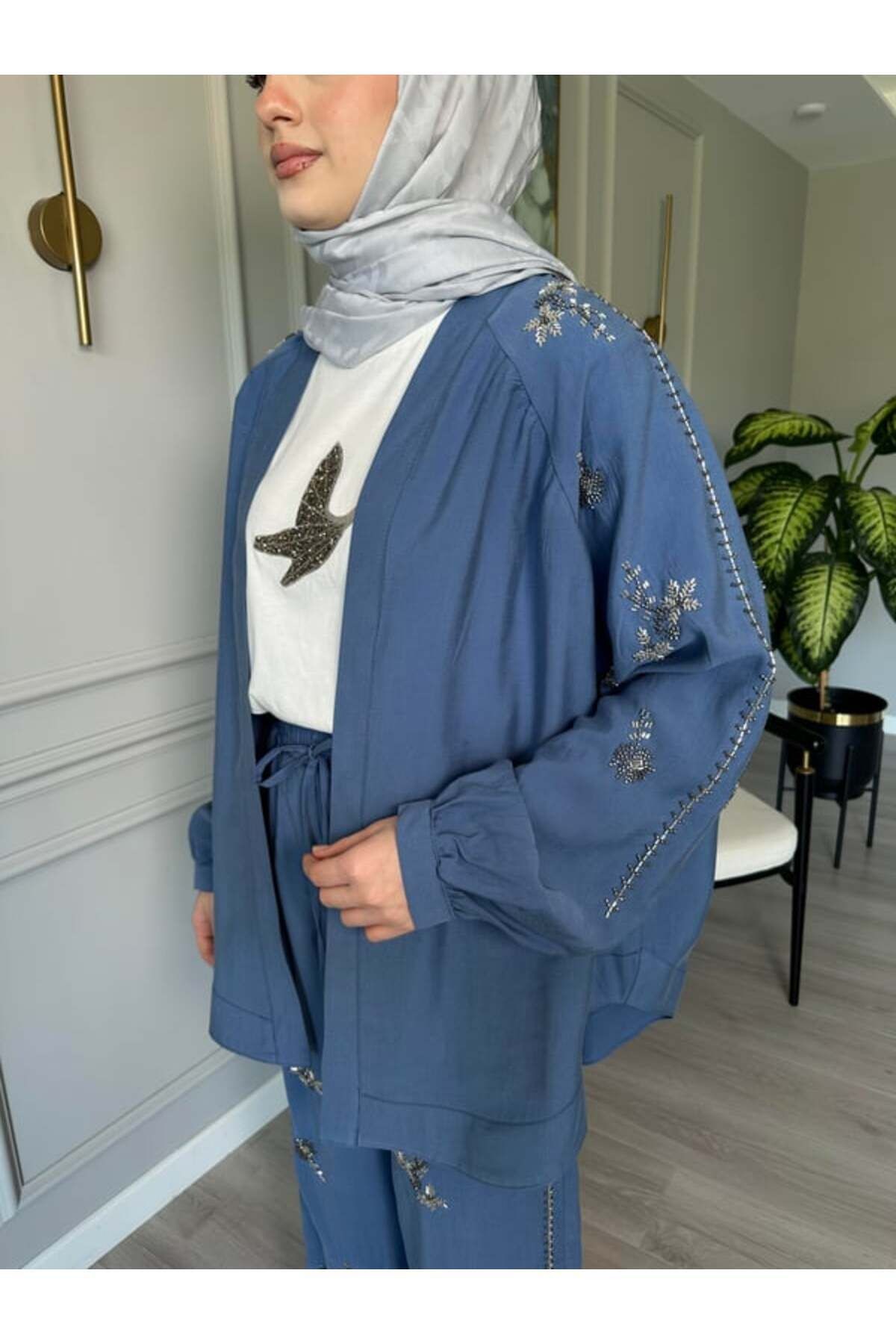 Taş İşlemeli Kimono - Mavi