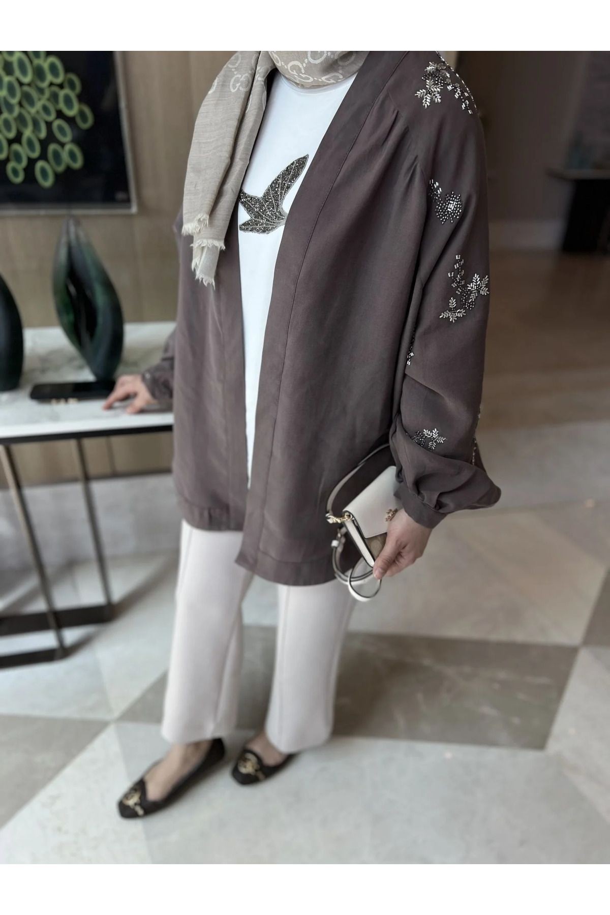 Taş İşlemeli Kimono - Kahverengi