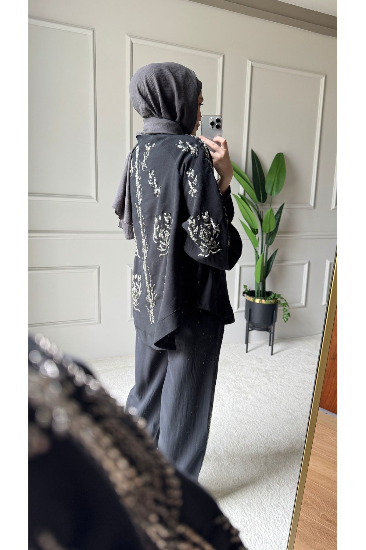 ORFEO NEGRO Taş İşlemeli Kimono ve Pantolon İkili Takım - Siyah