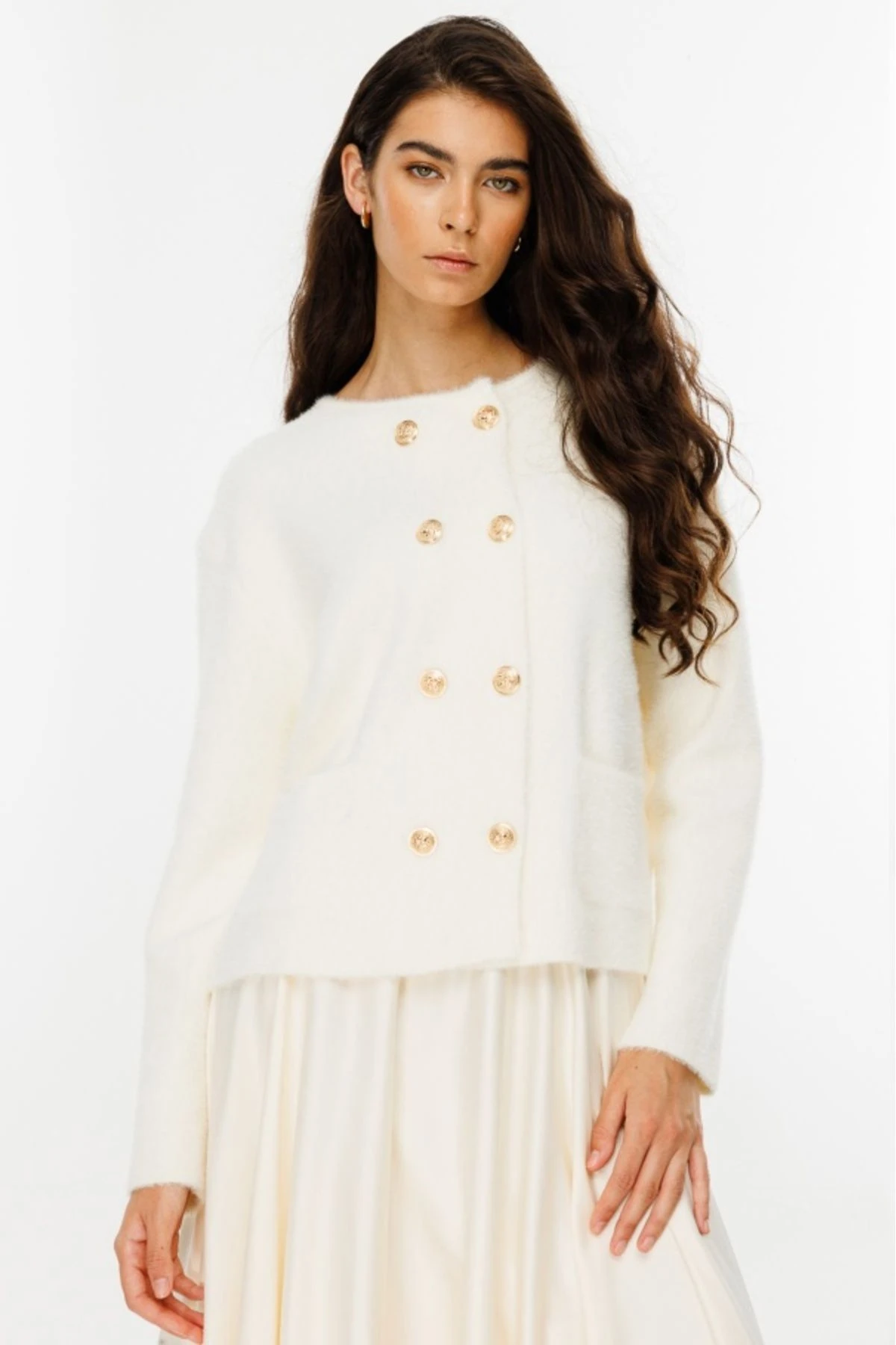 Gold Düğme Detaylı Angora Hırka - Vanilya