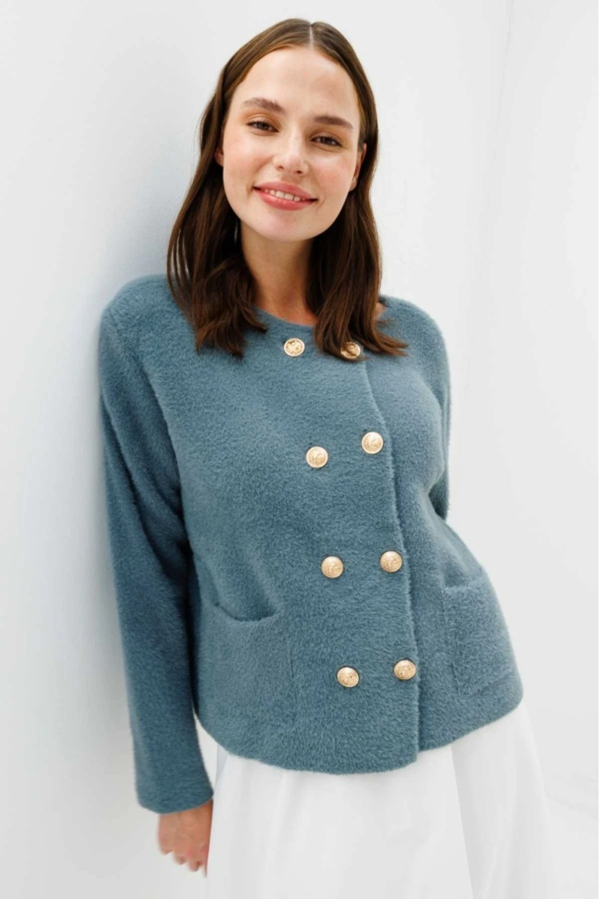 Gold Düğme Detaylı Angora Hırka - Çağla Yeşili