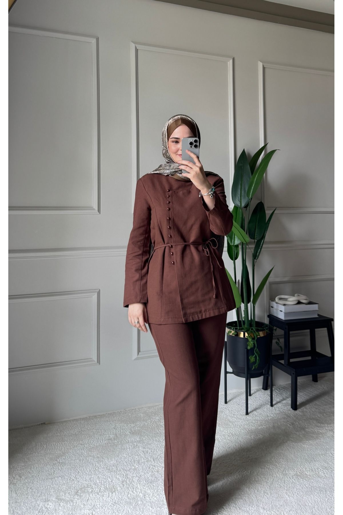 Holly Premium Keten İkili Takım - Kahverengi