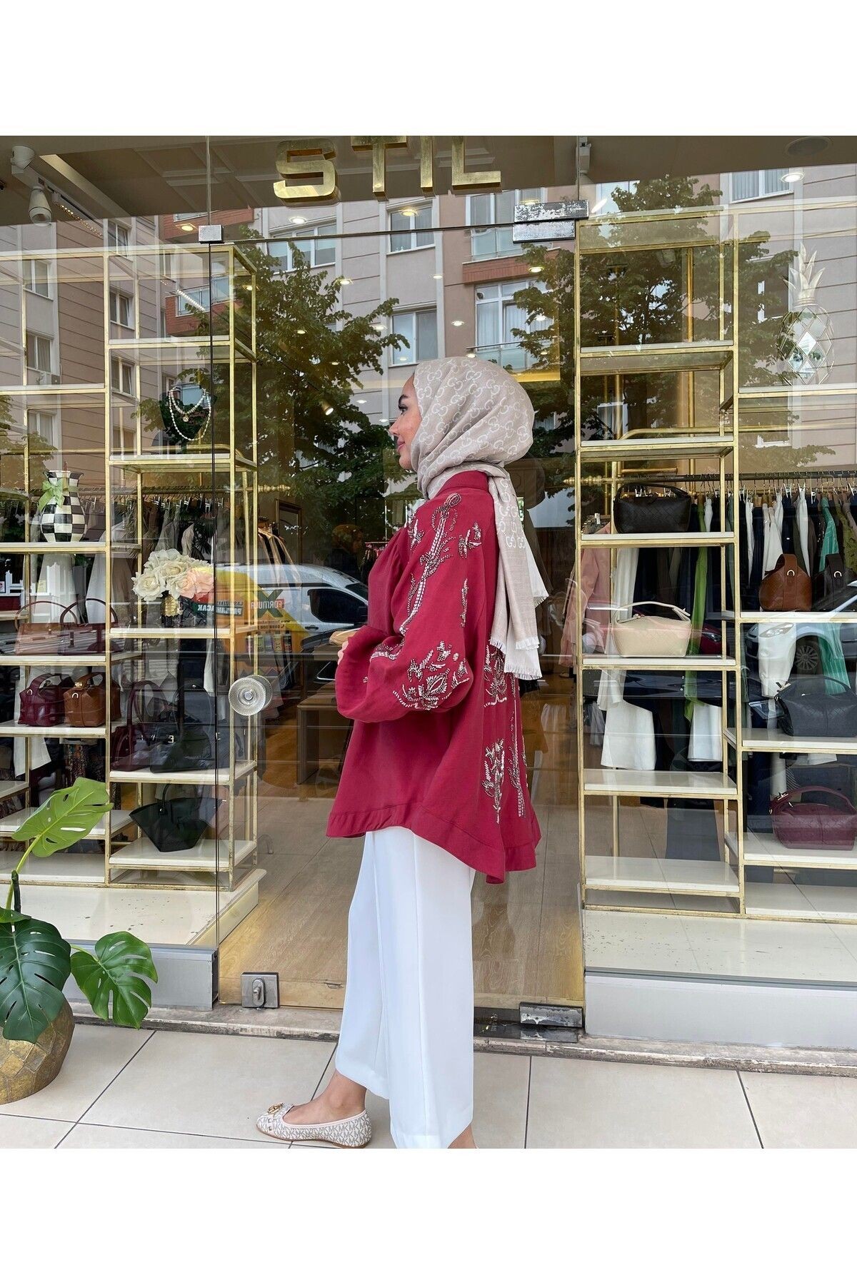 Taş İşlemeli Kimono - Bordo
