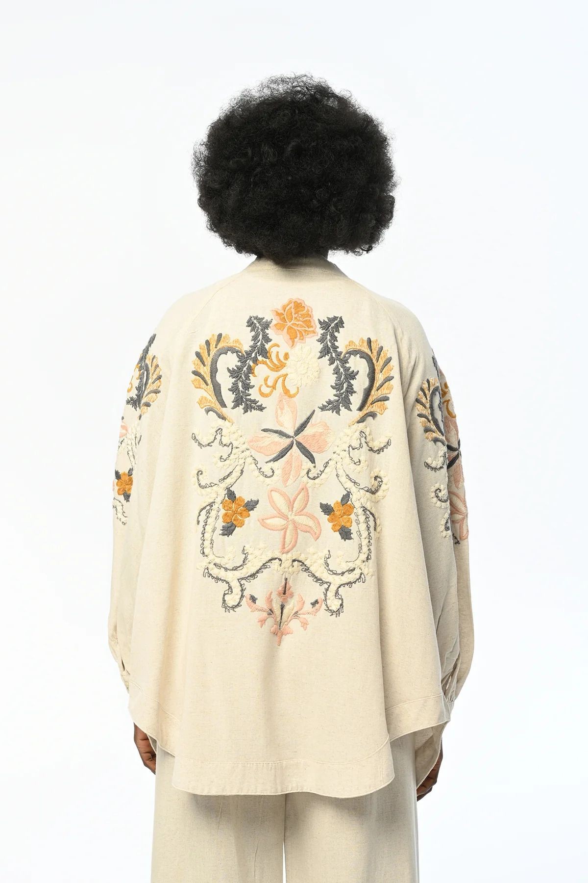 Keten Nakış İşlemeli Kimono - pembe-gri desenli
