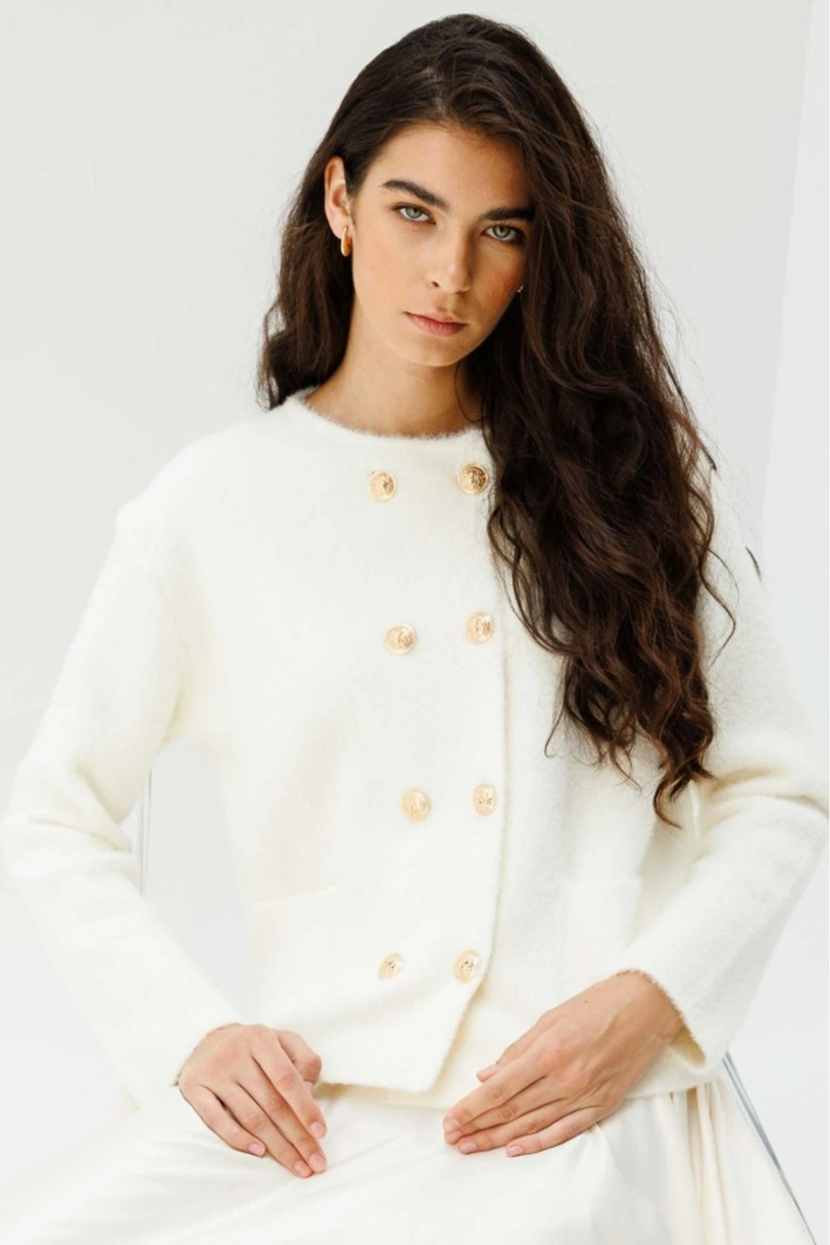 Gold Düğme Detaylı Angora Hırka - Vanilya