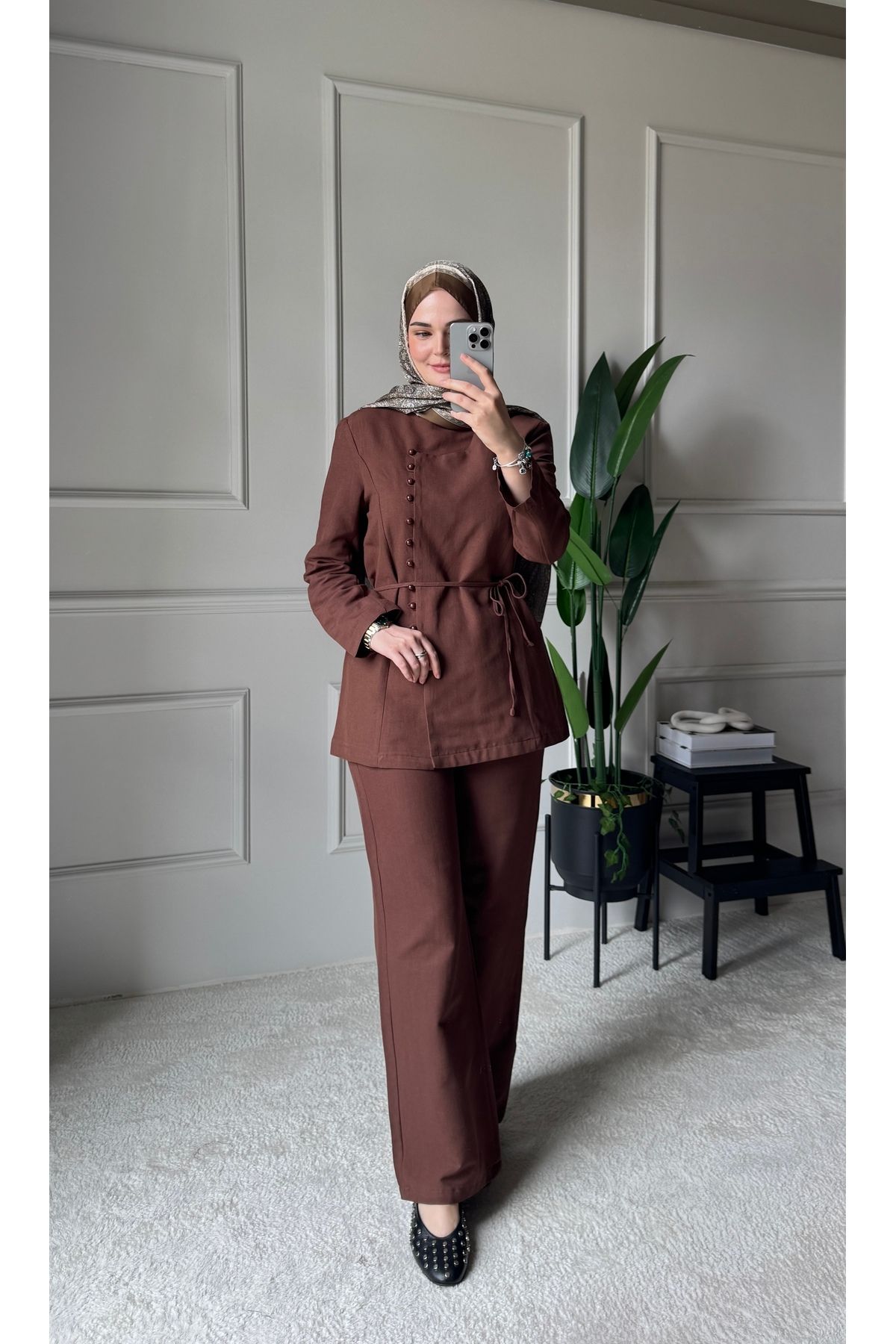 Holly Premium Keten İkili Takım - Kahverengi