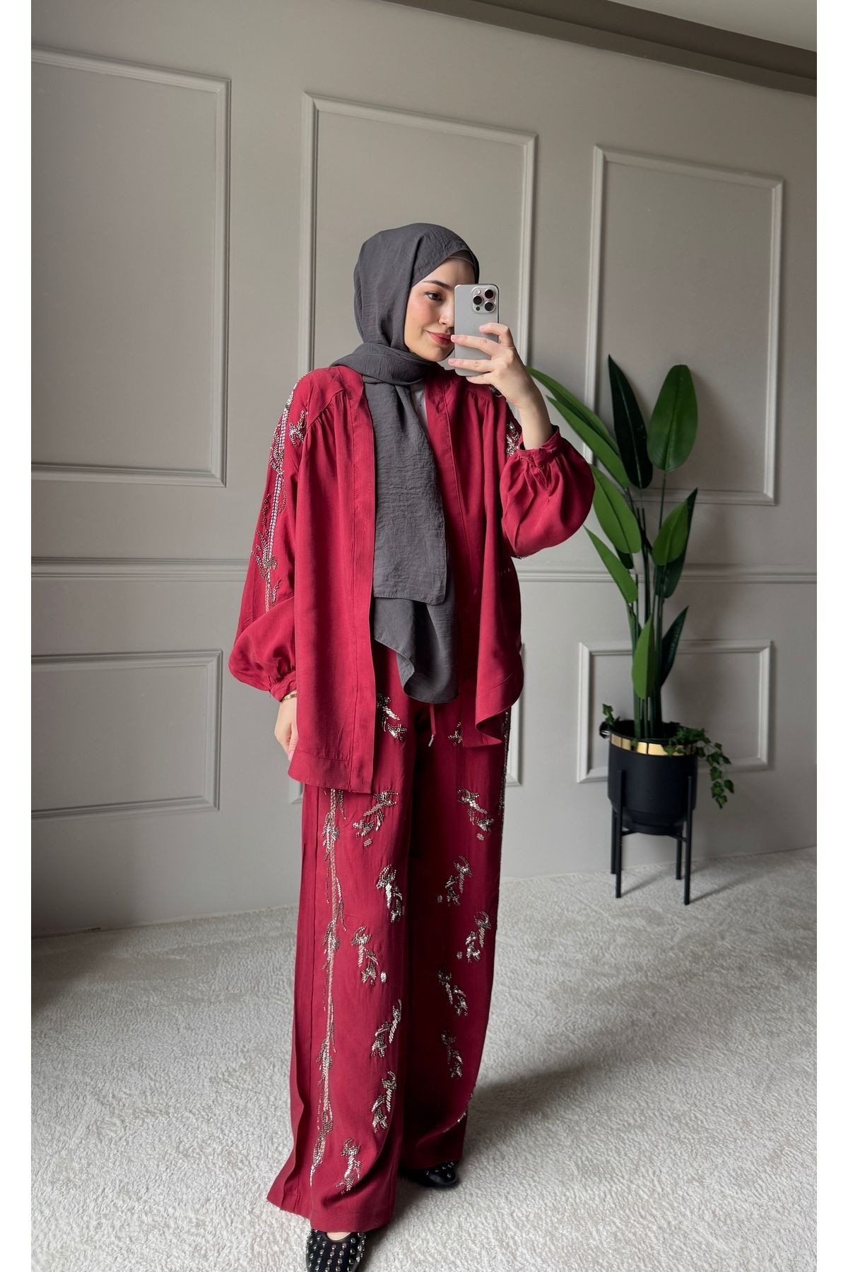 ORFEO NEGRO Taş İşlemeli Kimono ve Pantolon İkili Takım