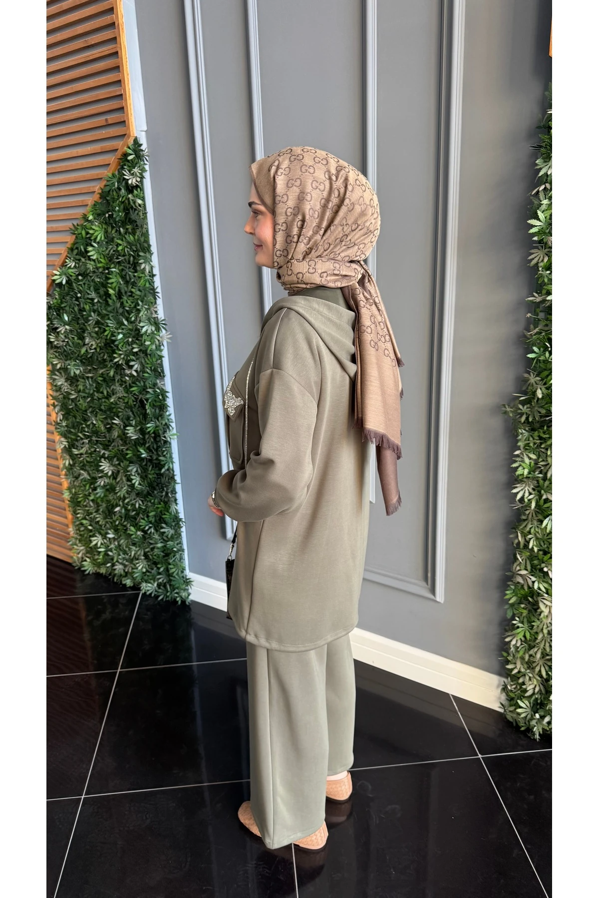 Beymn Taş İşlemeli Modal Tessettür İkili Takım - Haki