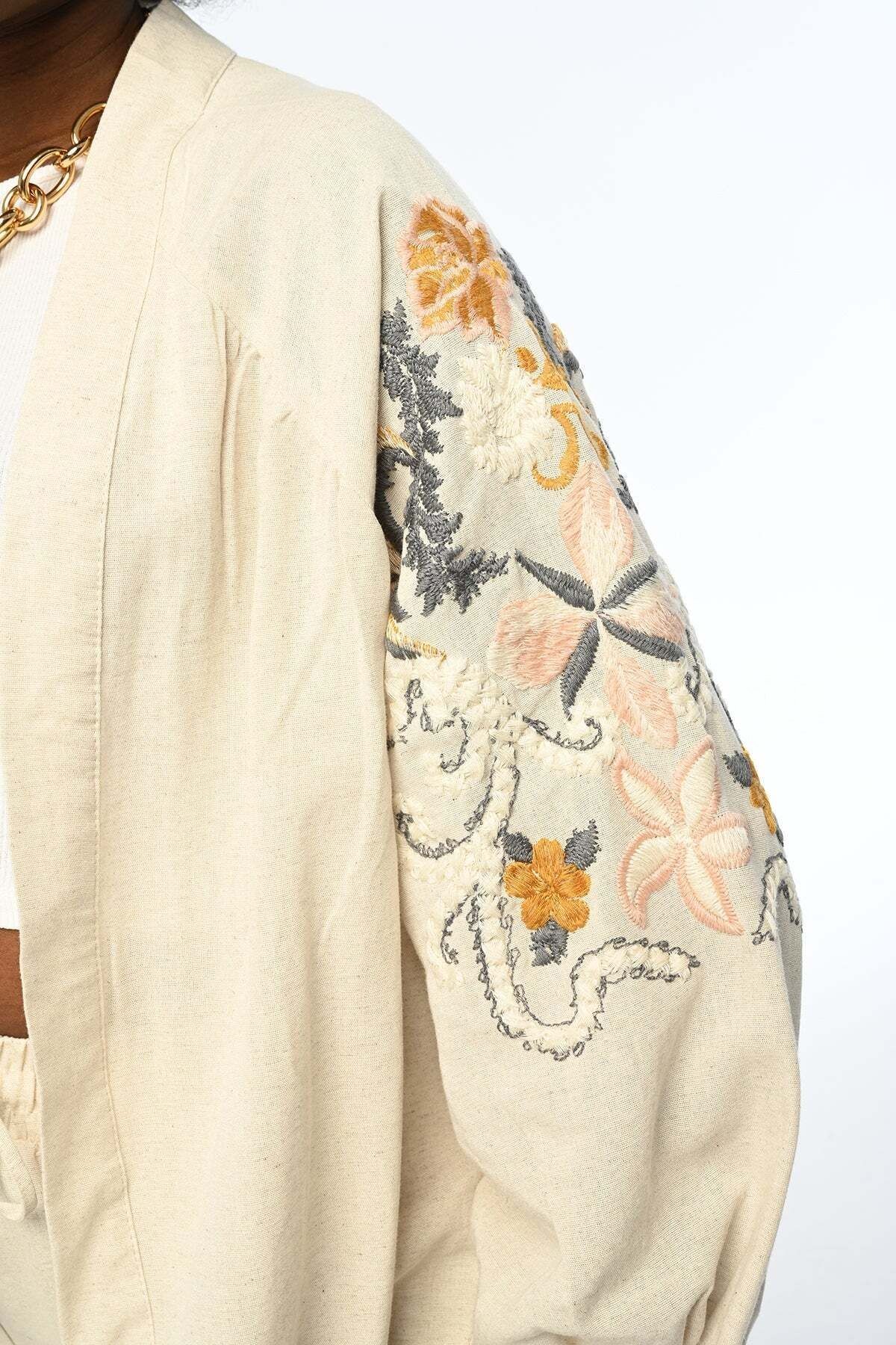 Keten Nakış İşlemeli Kimono - pembe-gri desenli