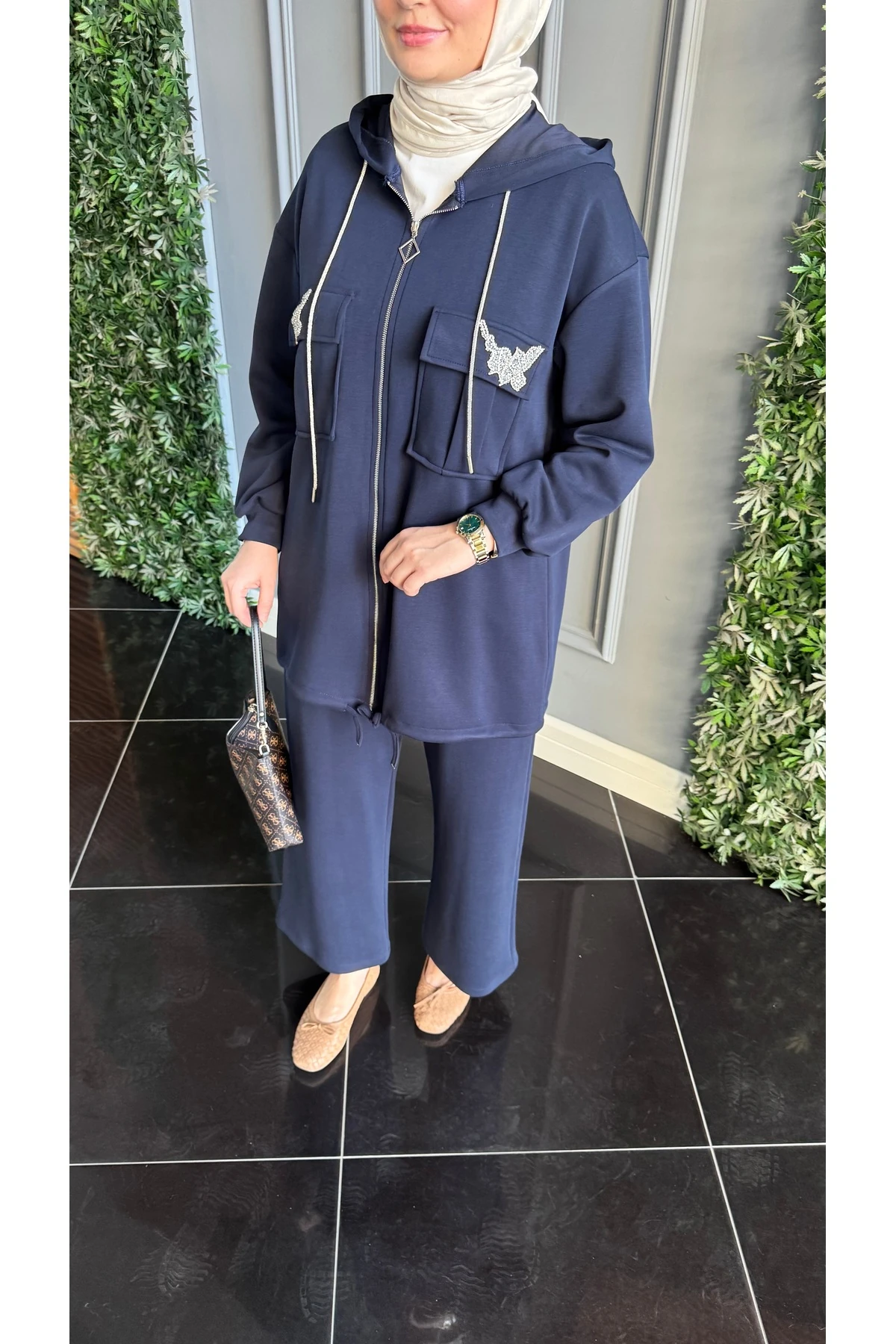 Beymn Taş İşlemeli Modal Tessettür İkili Takım - Lacivert