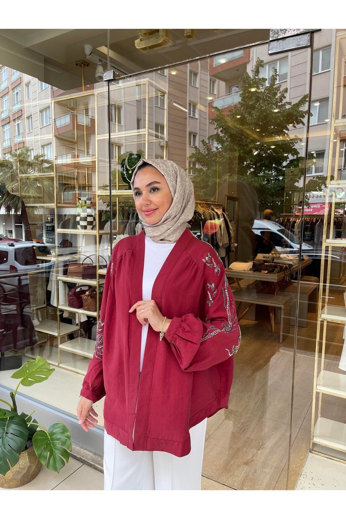 Taş İşlemeli Kimono - Bordo