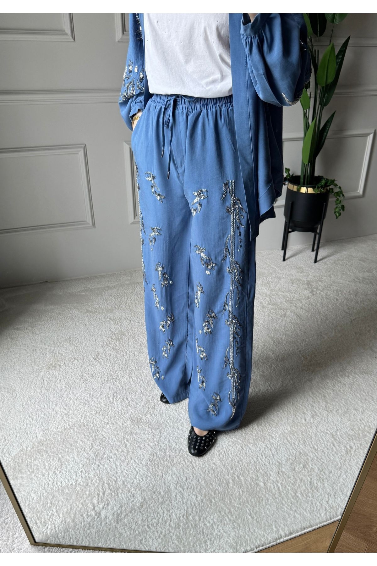 ORFEO NEGRO Taş İşlemeli Kimono ve Pantolon İkili Takım - indigo