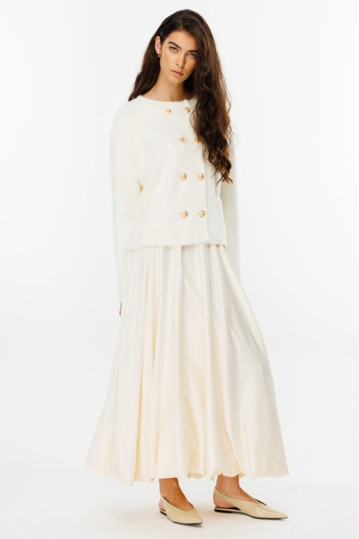 Gold Düğme Detaylı Angora Hırka - Vanilya