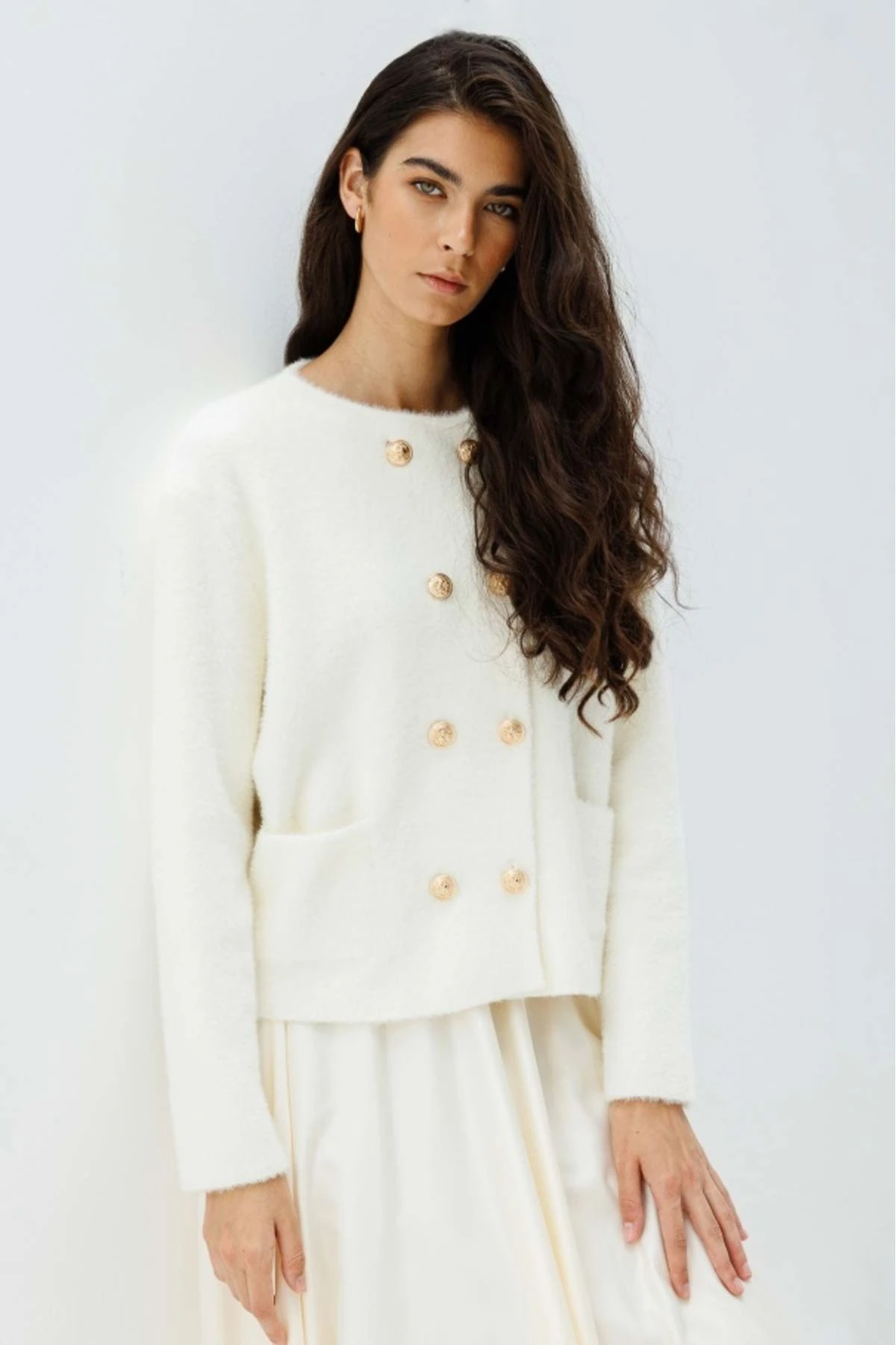 Gold Düğme Detaylı Angora Hırka - Vanilya