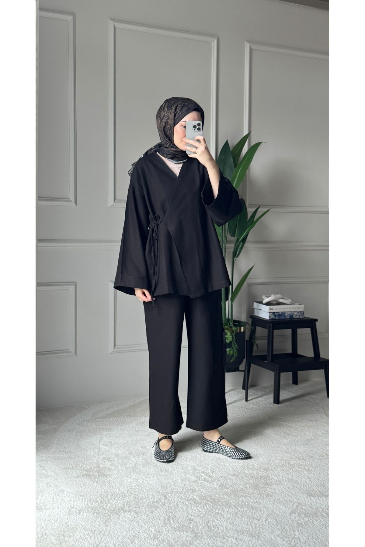 Bağcıklı Premium Kumaş Rahat Kimono Takım - Bej