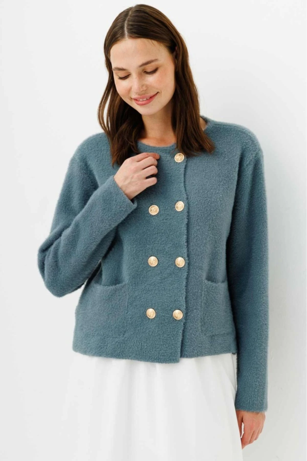 Gold Düğme Detaylı Angora Hırka - Çağla Yeşili