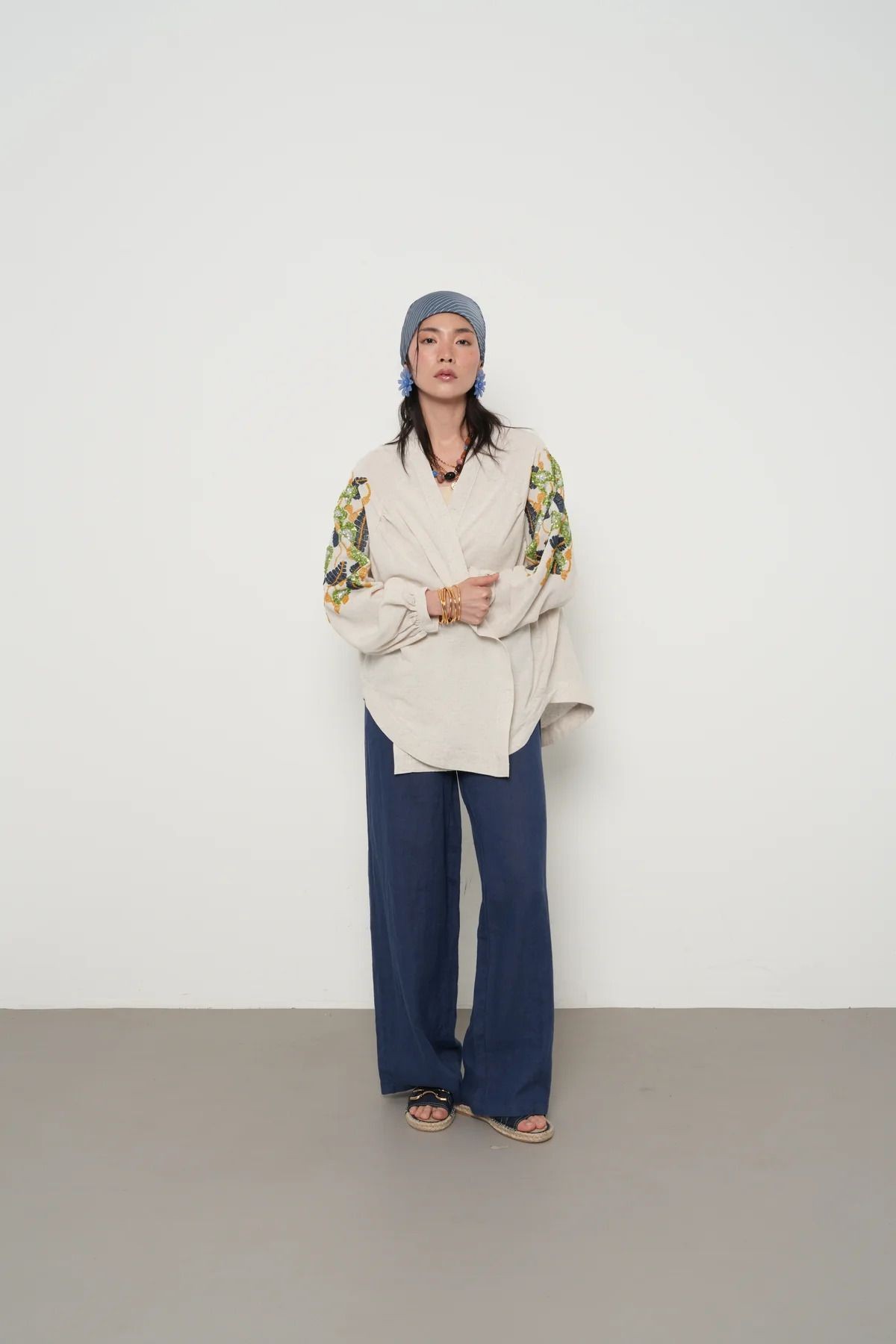 Keten Nakış İşlemeli Kimono - mavi-yeşil desenli