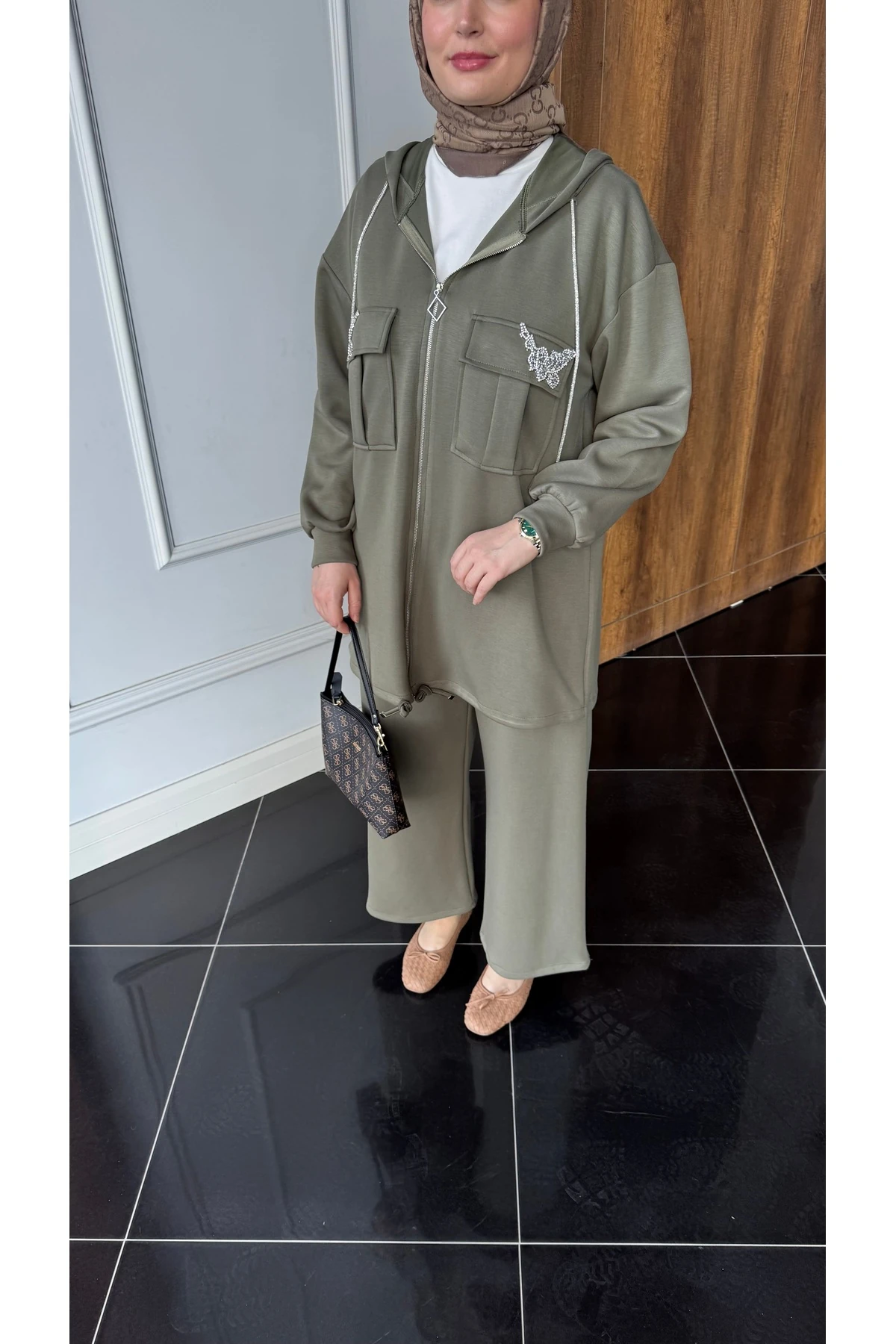 Beymn Taş İşlemeli Modal Tessettür İkili Takım - Haki