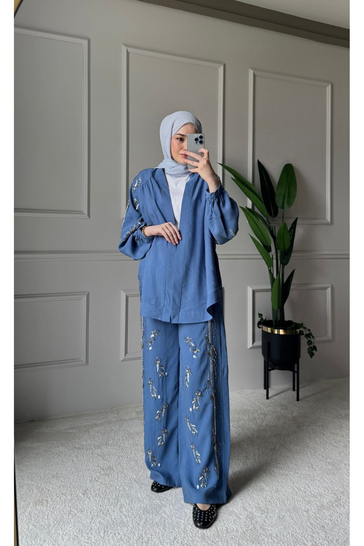 ORFEO NEGRO Taş İşlemeli Kimono ve Pantolon İkili Takım - indigo