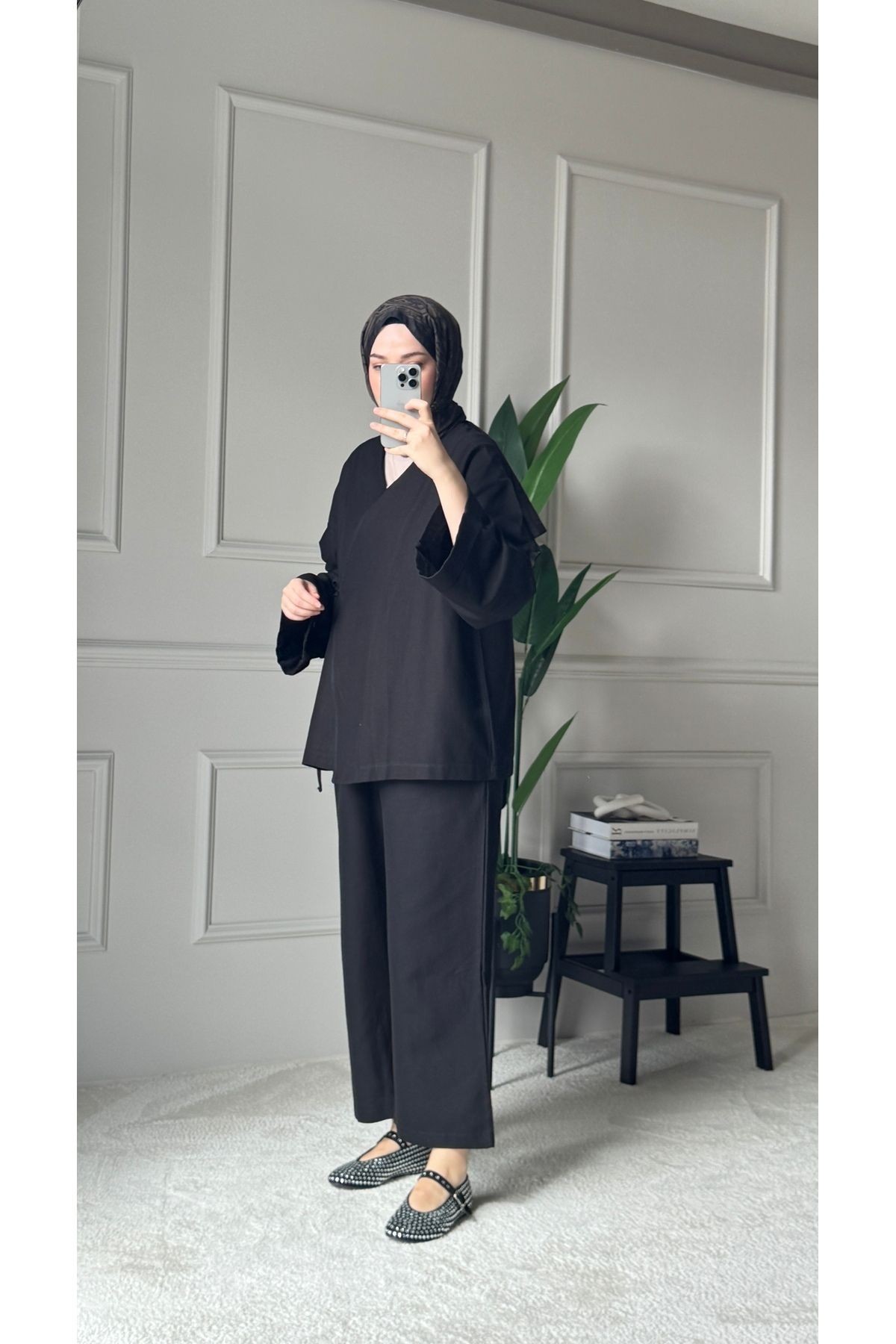 Bağcıklı Premium Kumaş Rahat Kimono Takım - Bej