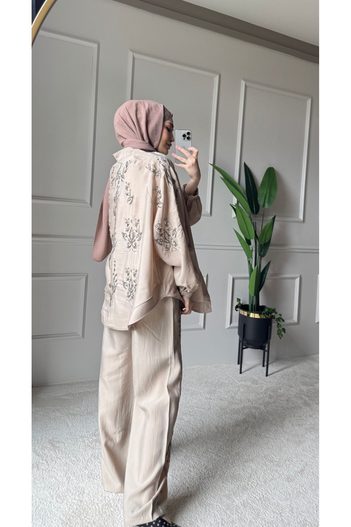 ORFEO NEGRO Taş İşlemeli Kimono ve Pantolon İkili Takım - Bej