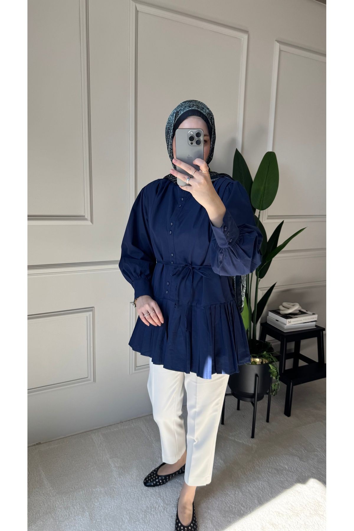 Pilise Detaylı Poplin Gömlek - Lacivert