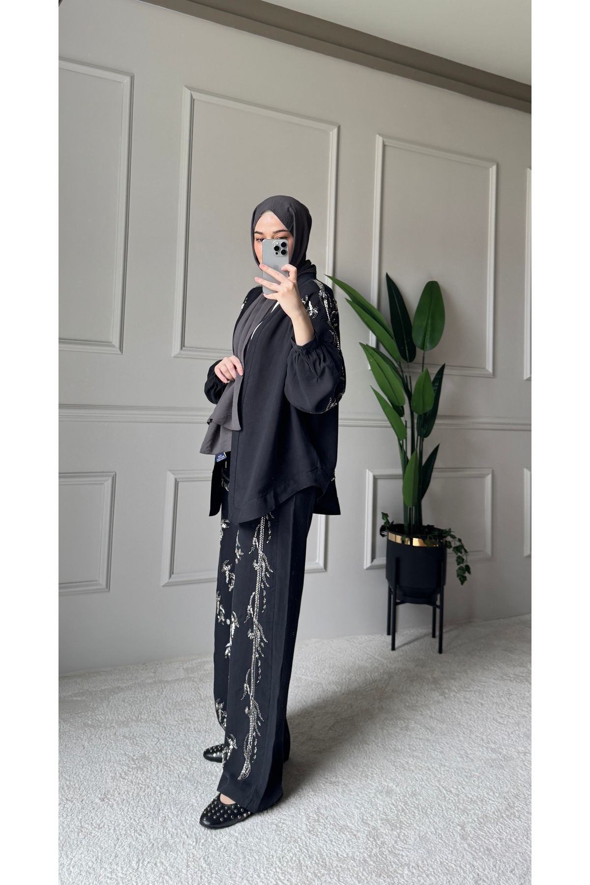 ORFEO NEGRO Taş İşlemeli Kimono ve Pantolon İkili Takım - Siyah