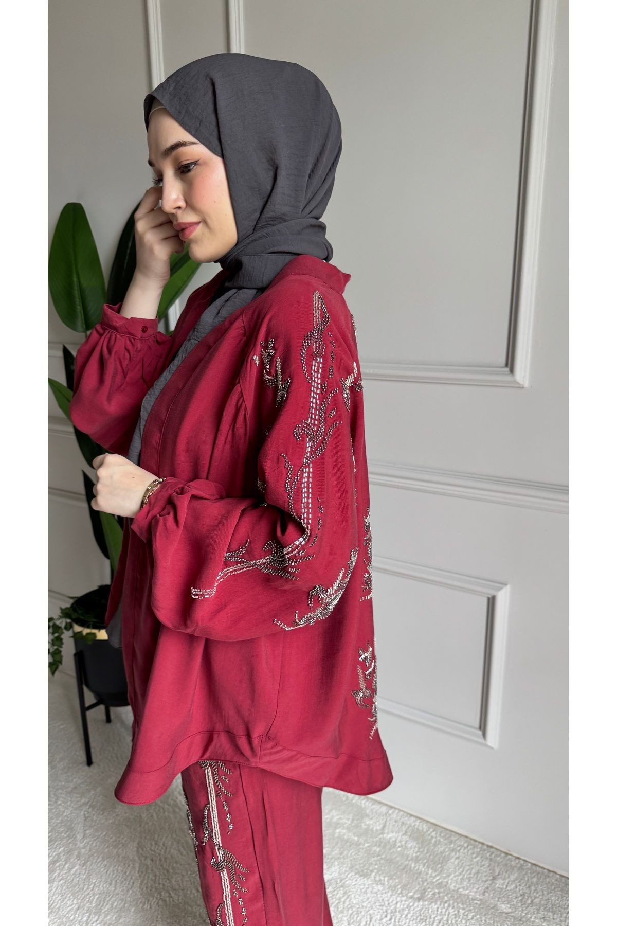 ORFEO NEGRO Taş İşlemeli Kimono ve Pantolon İkili Takım