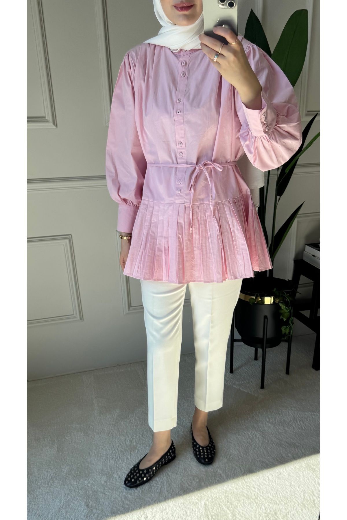 Pilise Detaylı Poplin Gömlek - Pembe
