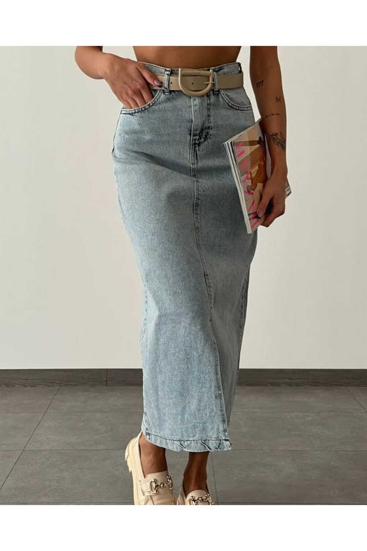 Önü Yırtmaçlı Jeans Midi Etek