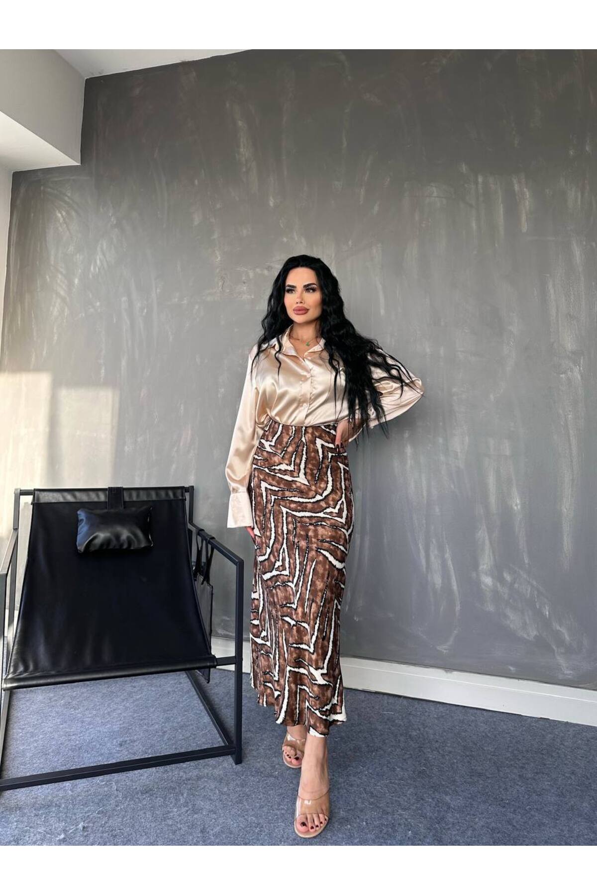 Midi Boy Desenli Saten Etek