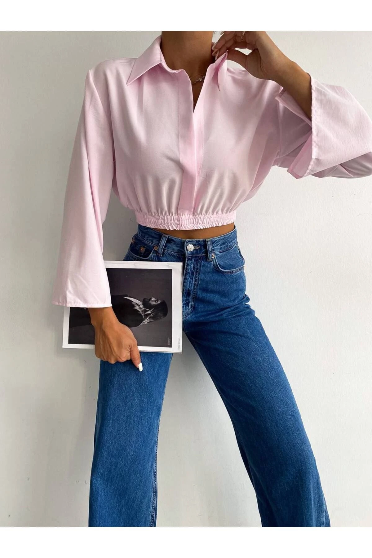 Lastikli Dekolteli Crop Gömlek