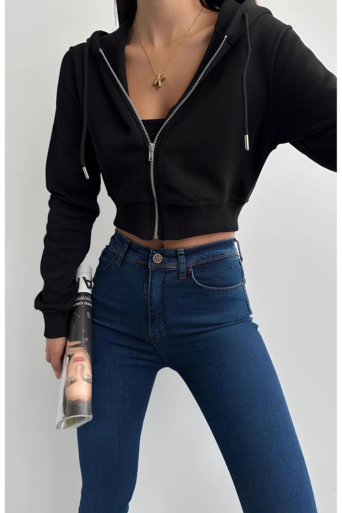 İçi Şardonlu Kapüşonlu Crop Ceket