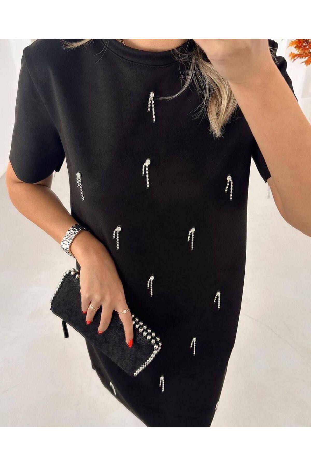 Nubuk Diz Altı Taşlı Elbise