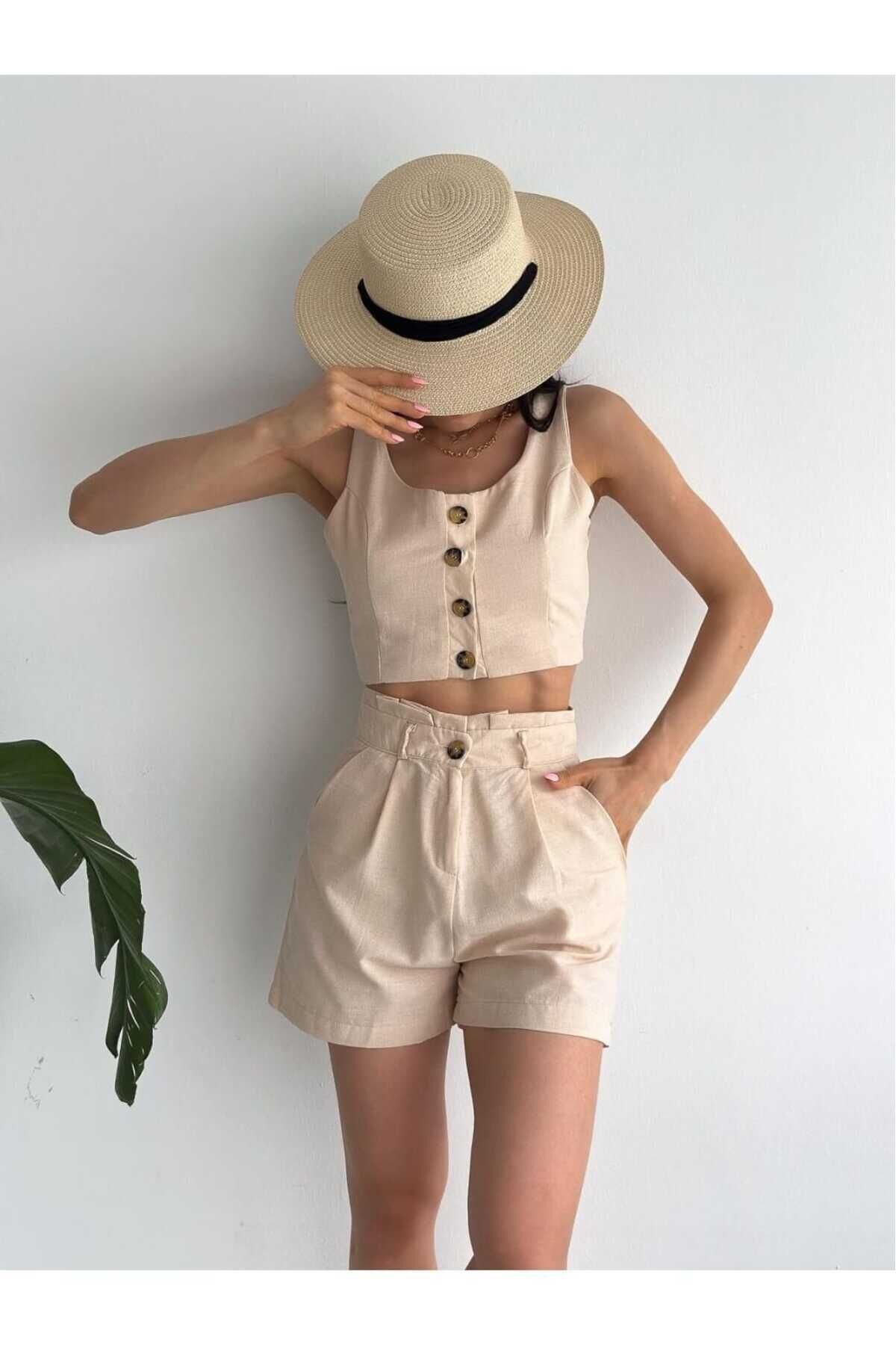 Keten Düğmeli Şort Yelek Takım