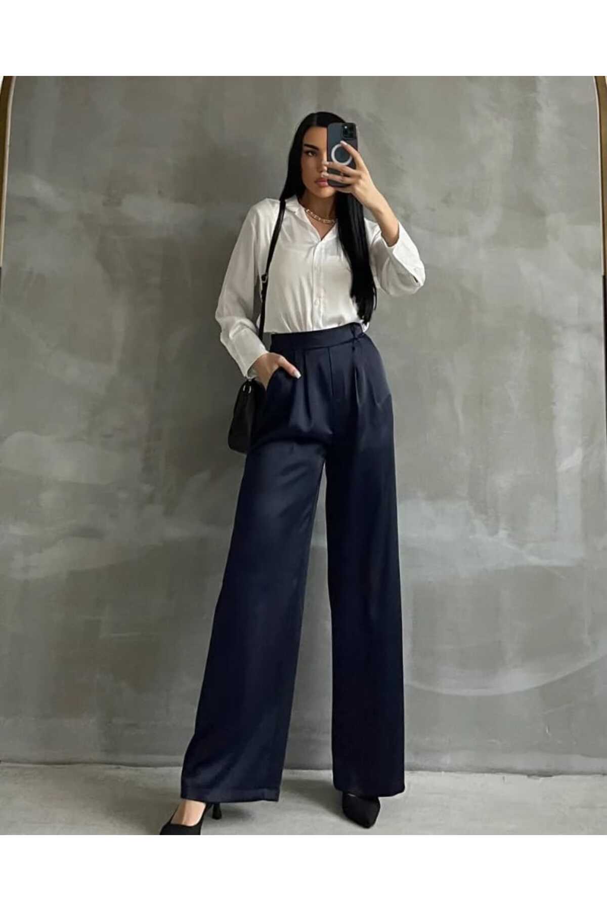 Bol Paça Yüksek Bel Saten Pantolon