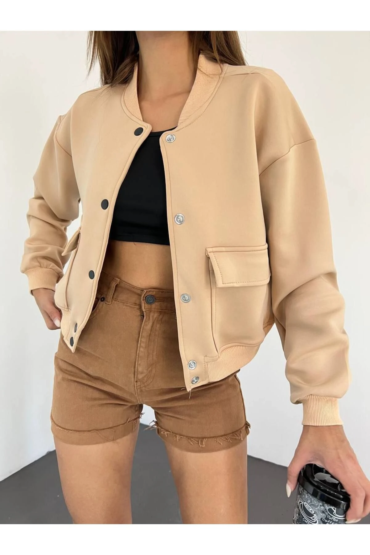 Siyah Dalgıç Kumaş Trendy Ceket, Bomber