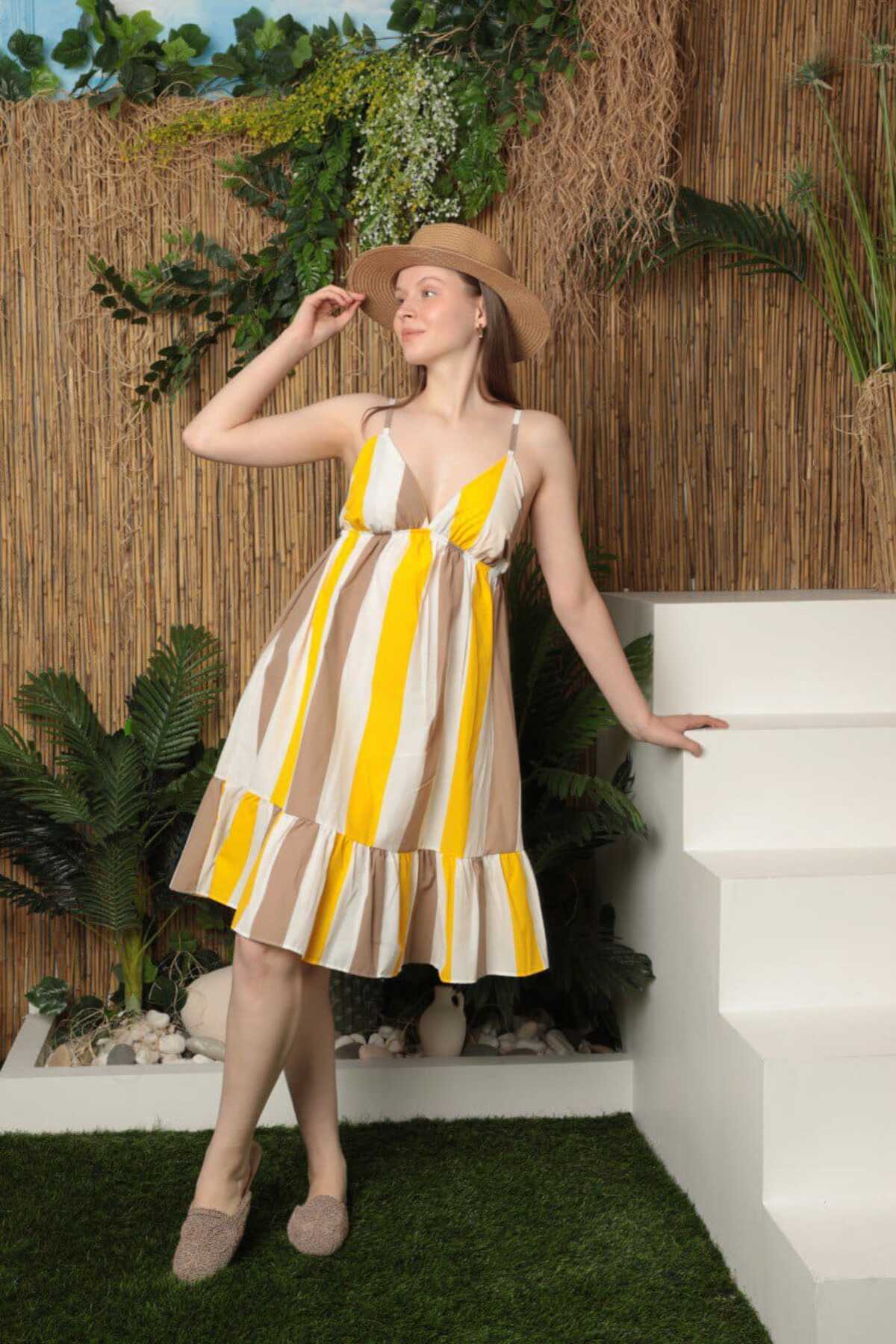 Şeritli Kısa Yazlık Askılı Elbise