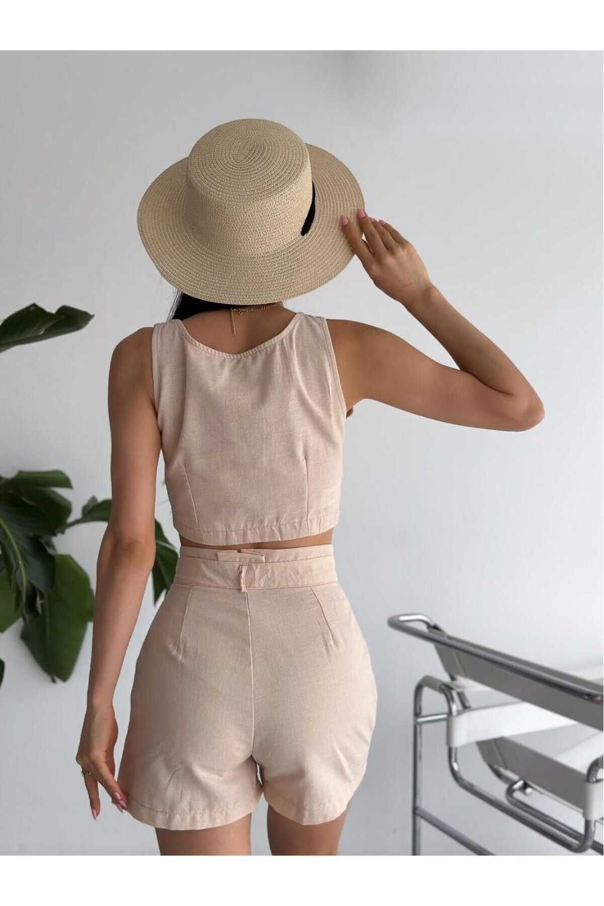 Keten Düğmeli Şort Yelek Takım