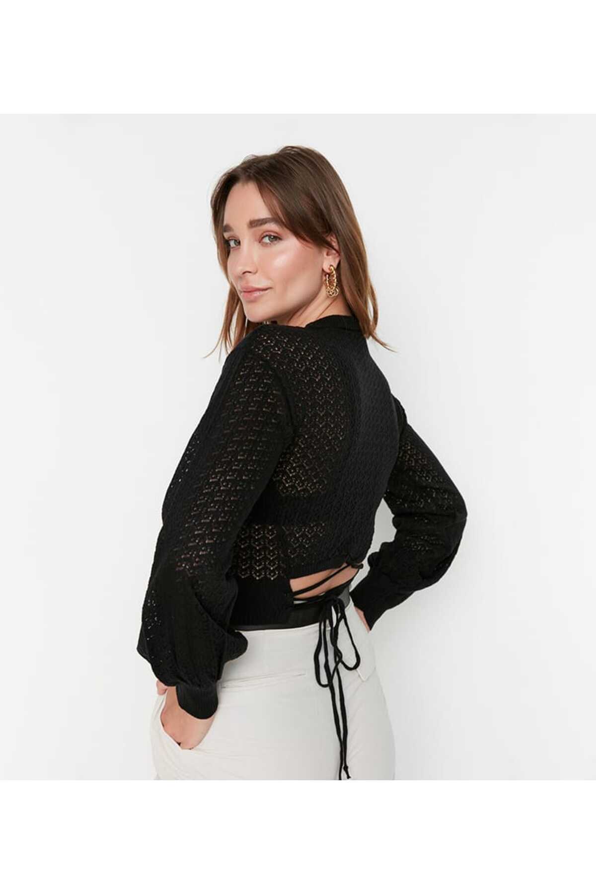 Sırtı İpli Örgü Crop-Kazak