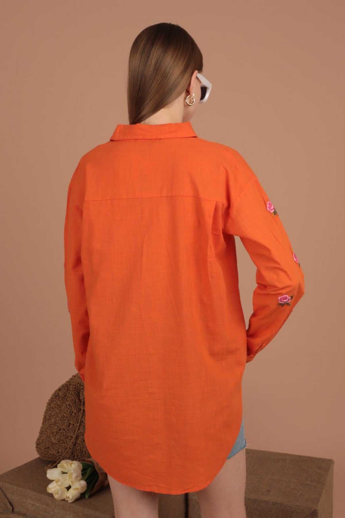 Gül Motifli Keten Gömlek