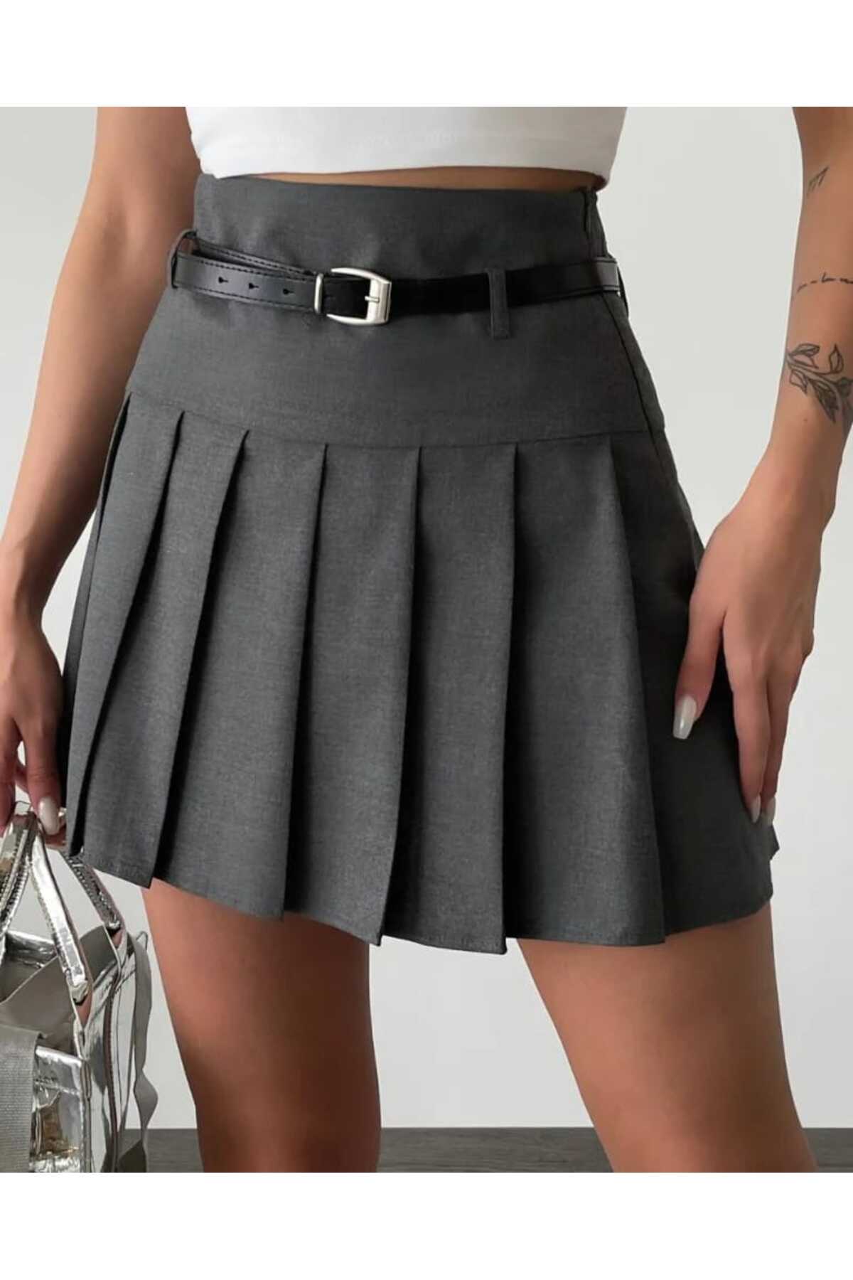 Kemerli Pileli Mini Etek