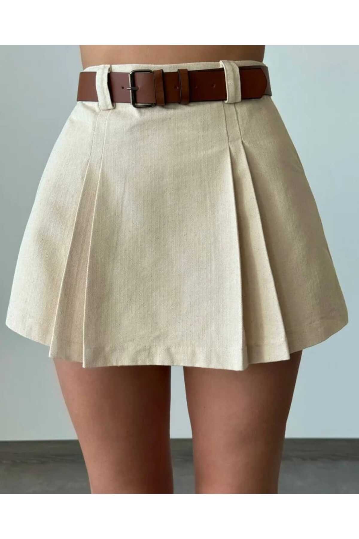 Kemerli Pileli Şort Etek