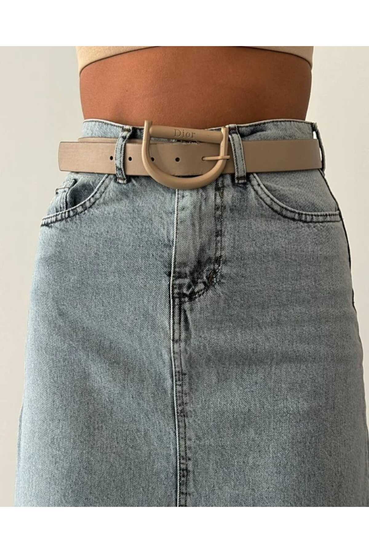 Önü Yırtmaçlı Jeans Midi Etek