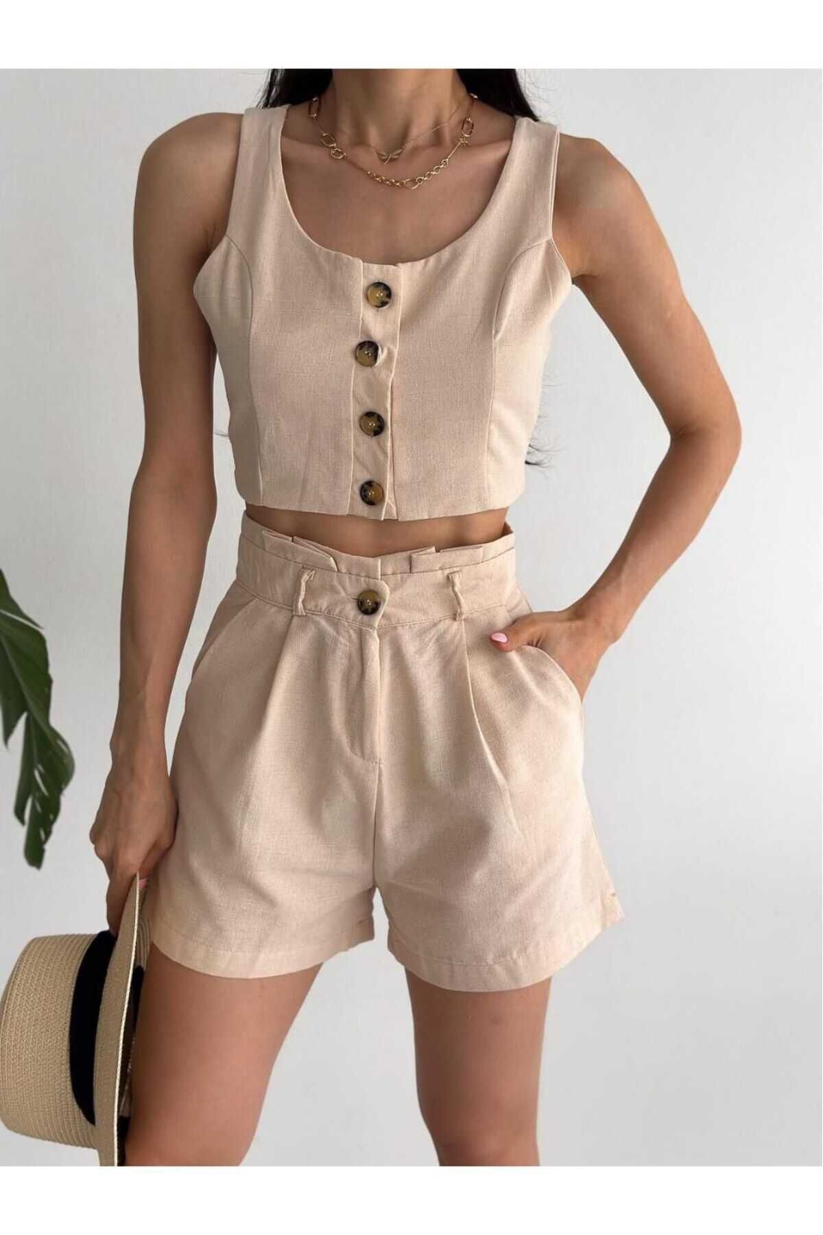 Keten Düğmeli Şort Yelek Takım