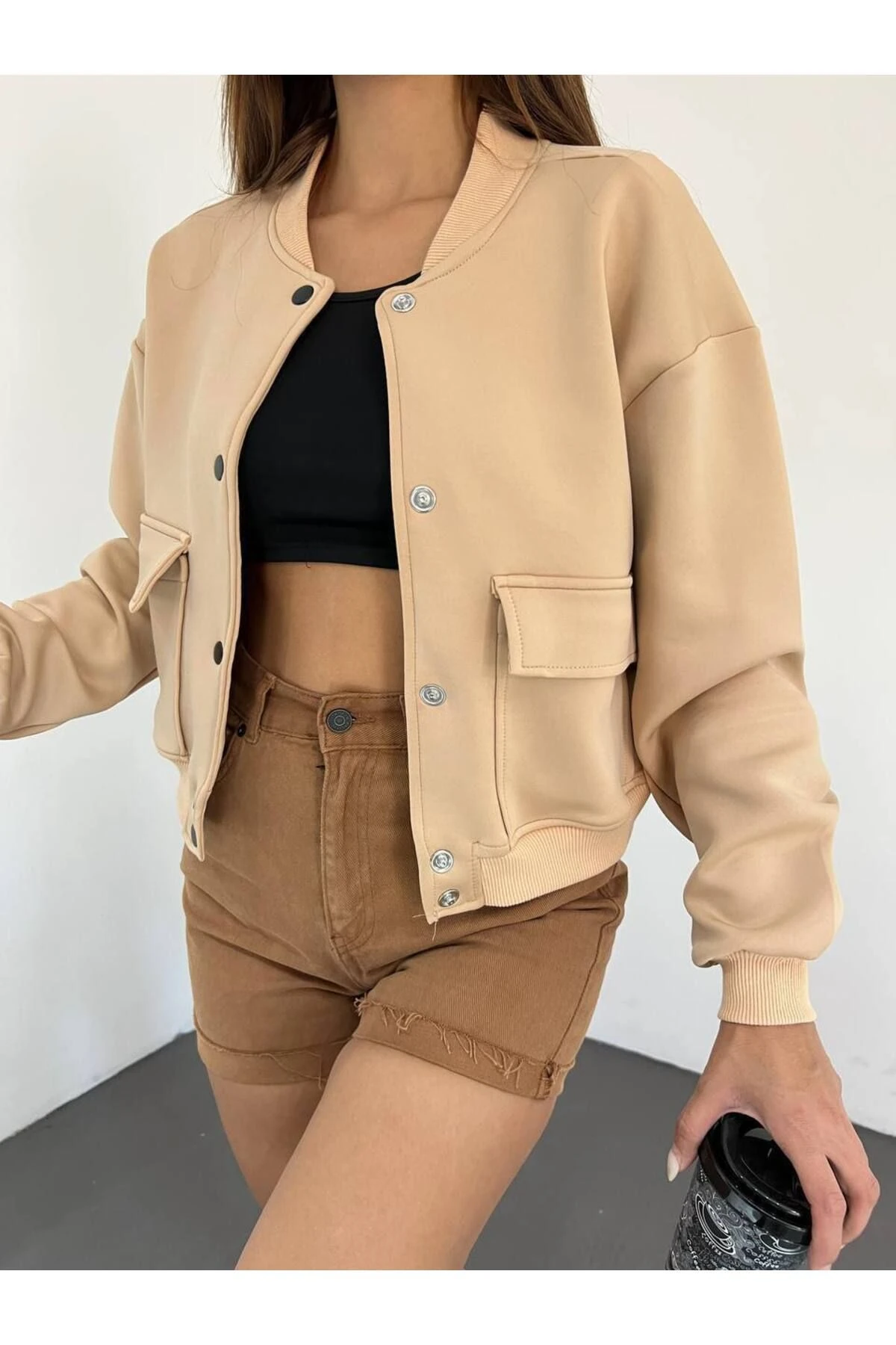 Siyah Dalgıç Kumaş Trendy Ceket, Bomber