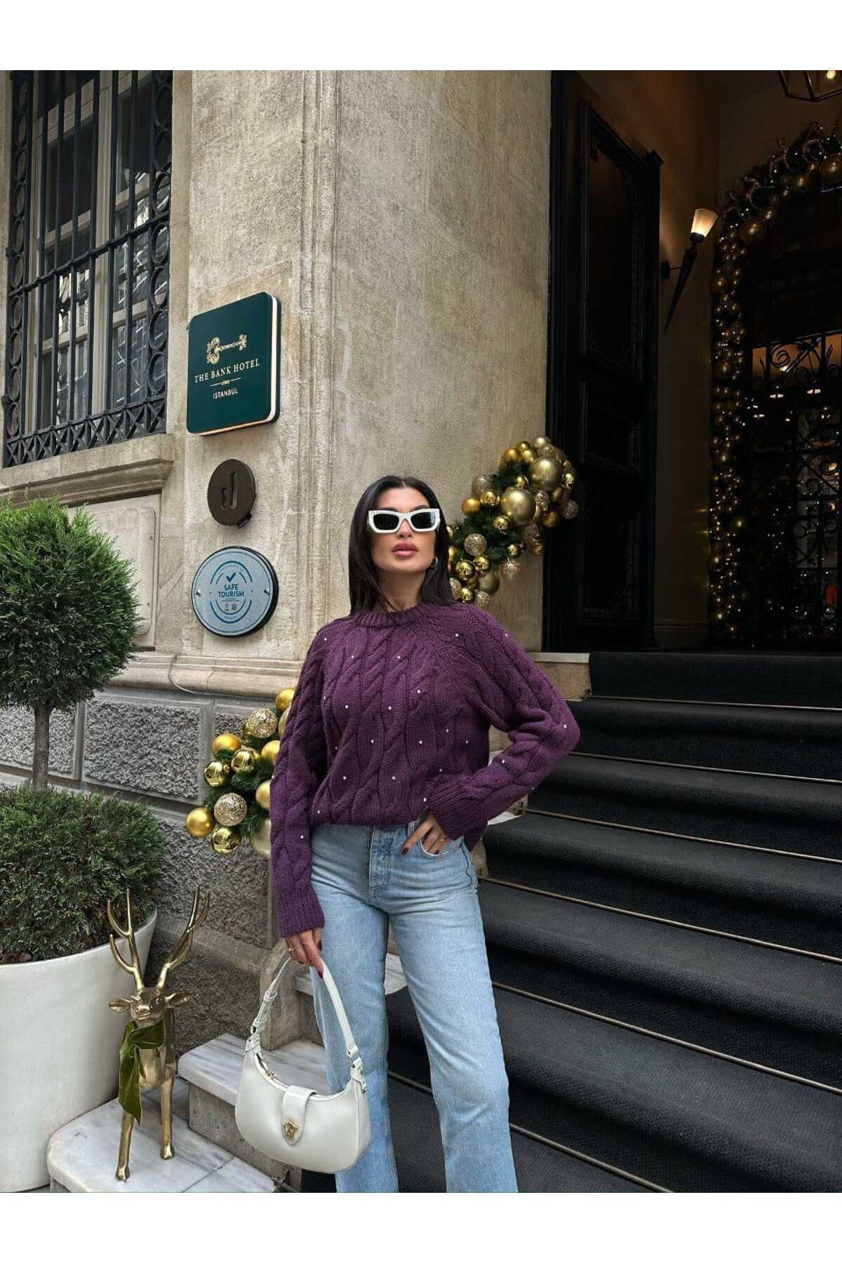 Taşlı Kalın Örgülü Kazak